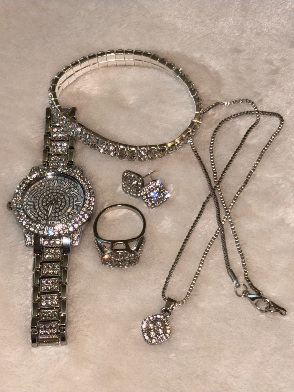 Silver Crystal Watch and Jewelry Set - Women Accessories